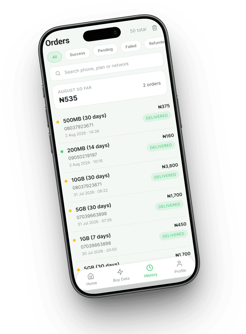 Order history showing delivered data purchases with amounts and timestamps