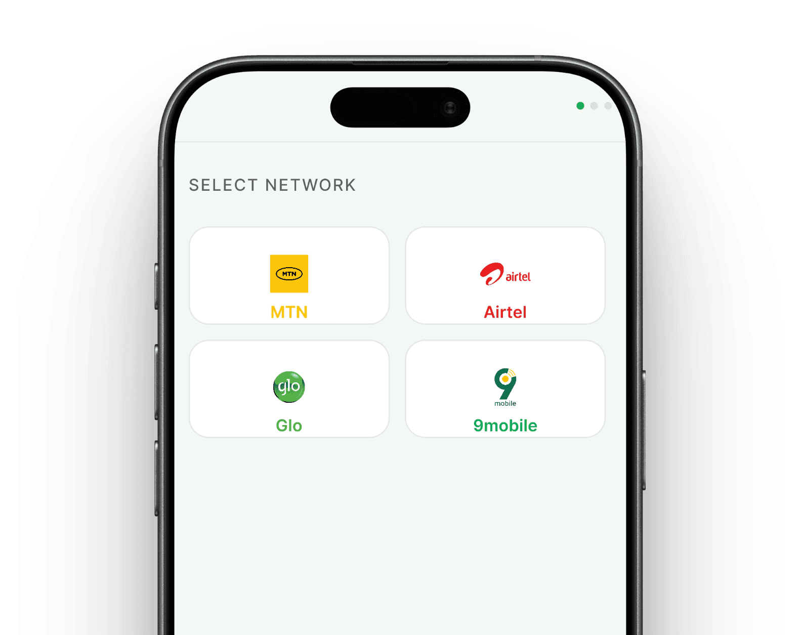 Network picker showing MTN, Airtel, Glo and 9mobile
